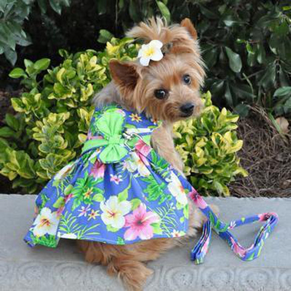 Blue Lagoon Hawaiian Hibiscus Dog Dress with Matching Leash, Pet Clothes, Furbabeez, [tag]