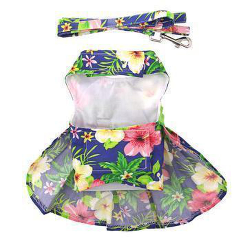 Blue Lagoon Hawaiian Hibiscus Dog Dress with Matching Leash, Pet Clothes, Furbabeez, [tag]