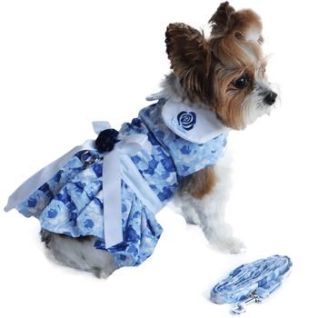 Blue Rose Harness Dress with Matching Leash Pet Clothes Doggie Design 