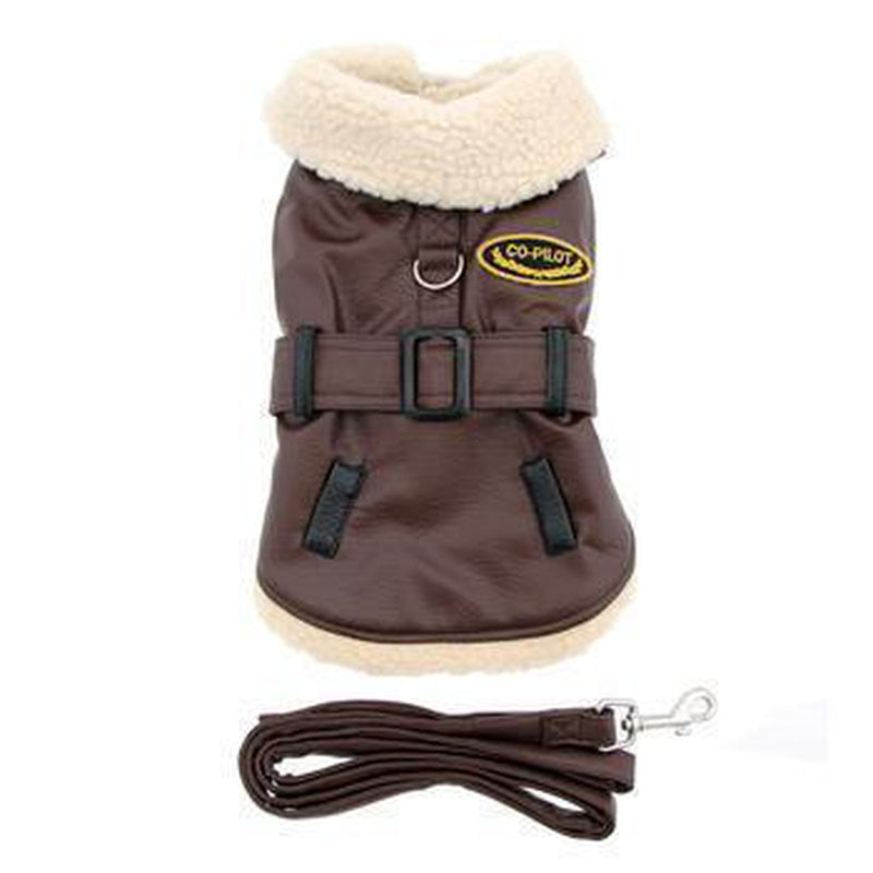 Brown and Black Faux Leather Bomber Dog Coat Harness + Leash, Pet Clothes, Furbabeez, [tag]