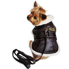 Brown and Black Faux Leather Bomber Dog Coat Harness + Leash, Pet Clothes, Furbabeez, [tag]