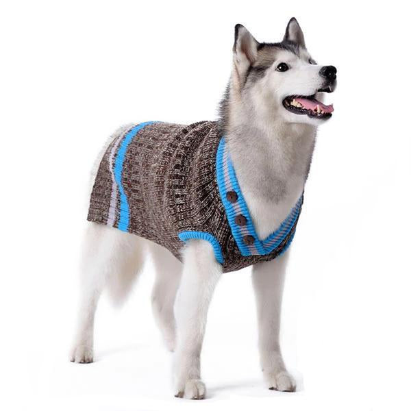 City V-Neck Dog Sweater by Dogo - Brown with Blue Trim, Pet Clothes, Furbabeez, [tag]