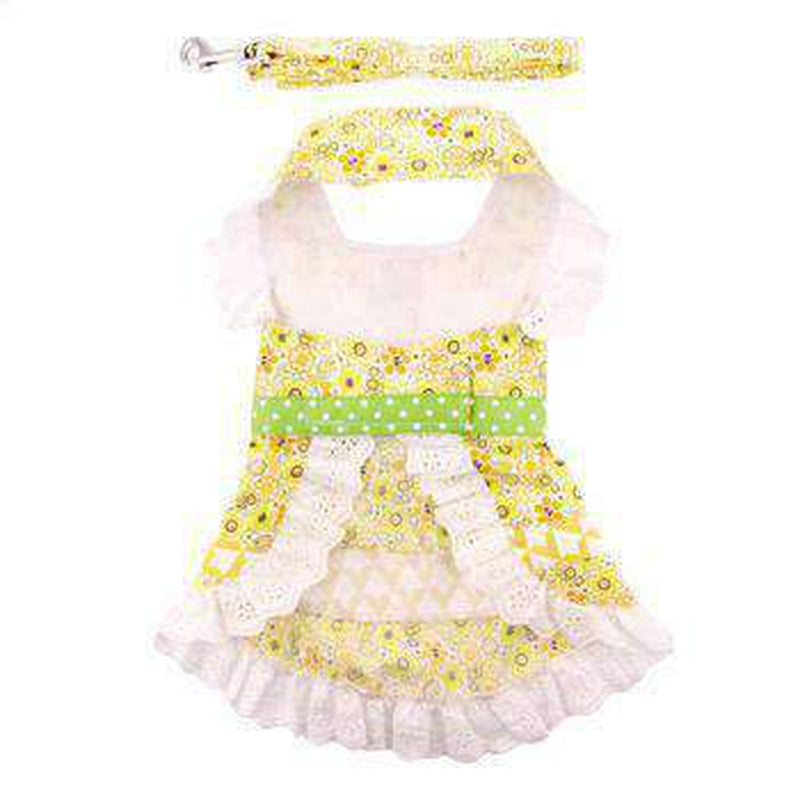 Emily Yellow Floral and Lace Dog Dress with Matching Leash, Pet Clothes, Furbabeez, [tag]