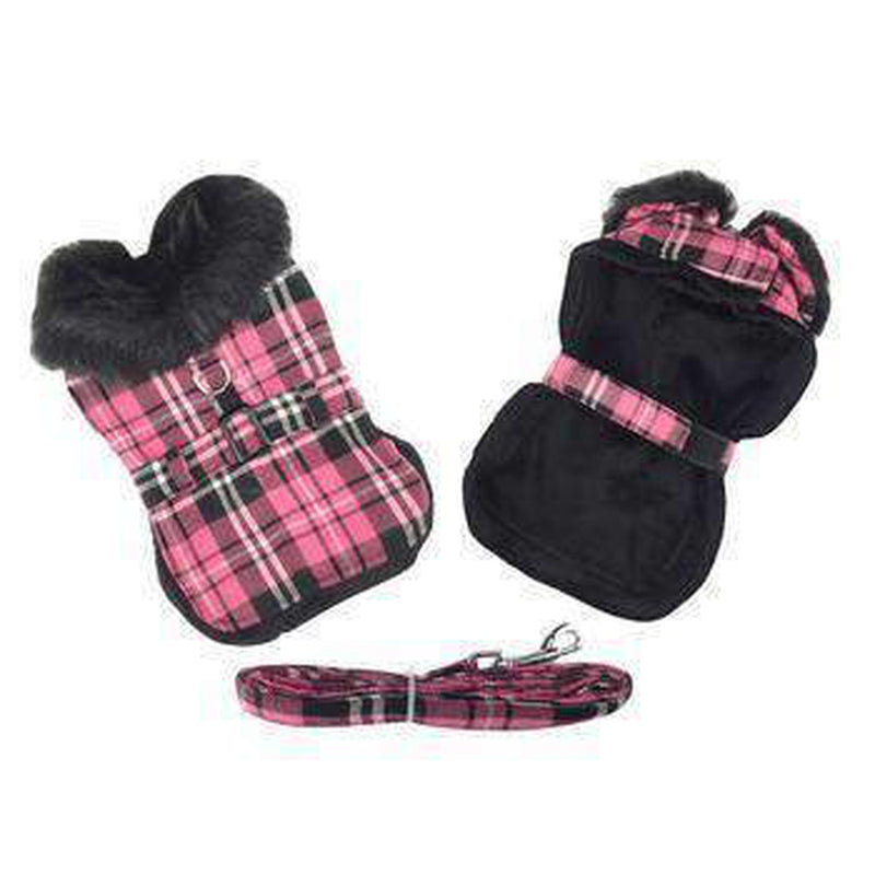 Plaid Fur-Trimmed Dog Harness Coat - Hot Pink and Black, Pet Clothes, Furbabeez, [tag]