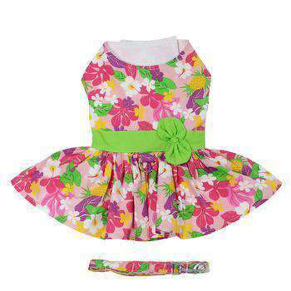 Pink Hawaiian Floral Dog Harness Dress with Leash, Pet Clothes, Furbabeez, [tag]