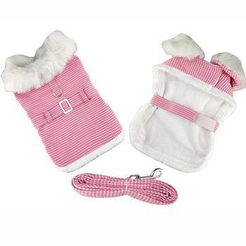Pink Houndstooth and White Fur Collar Harness Coat, Pet Clothes, Furbabeez, [tag]
