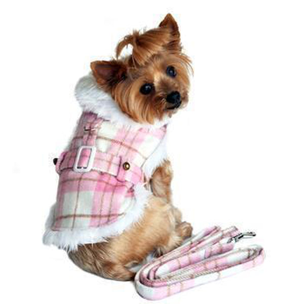 Plaid Fur-Trimmed Dog Harness Coat - Pink and White, Pet Clothes, Furbabeez, [tag]