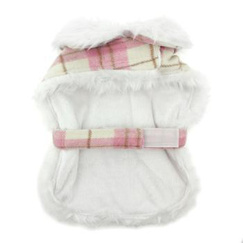 Plaid Fur-Trimmed Dog Harness Coat - Pink and White, Pet Clothes, Furbabeez, [tag]