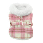 Plaid Fur-Trimmed Dog Harness Coat - Pink and White, Pet Clothes, Furbabeez, [tag]