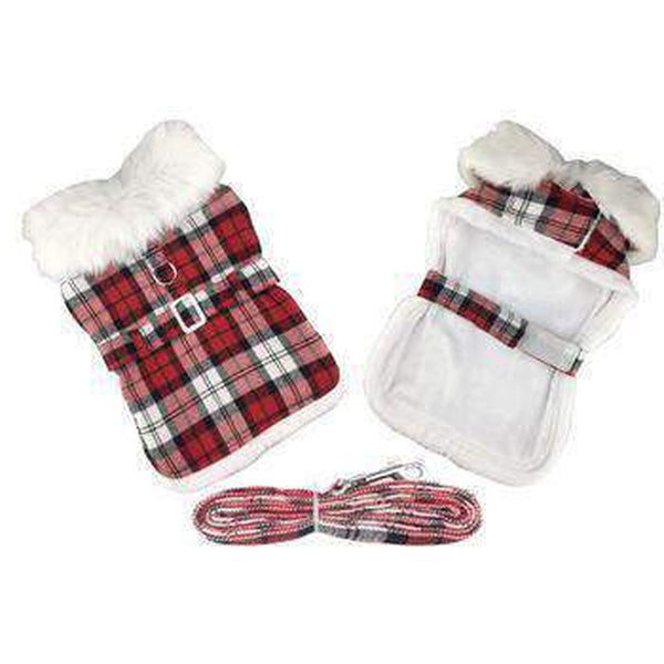 Plaid Fur-Trimmed Dog Harness Coat - Red and White, Pet Clothes, Furbabeez, [tag]
