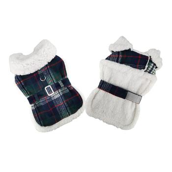 Plaid Fur-Trimmed Dog Harness Coat - Blue and Green