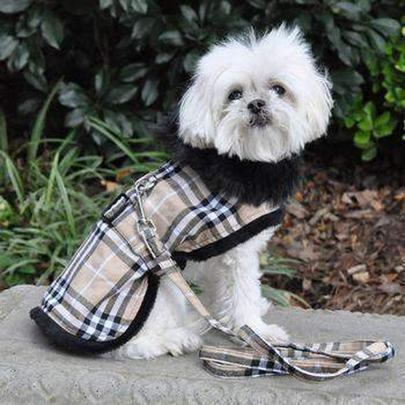 Plaid Fur-Trimmed Dog Harness Coat - Camel and Black, Pet Clothes, Furbabeez, [tag]