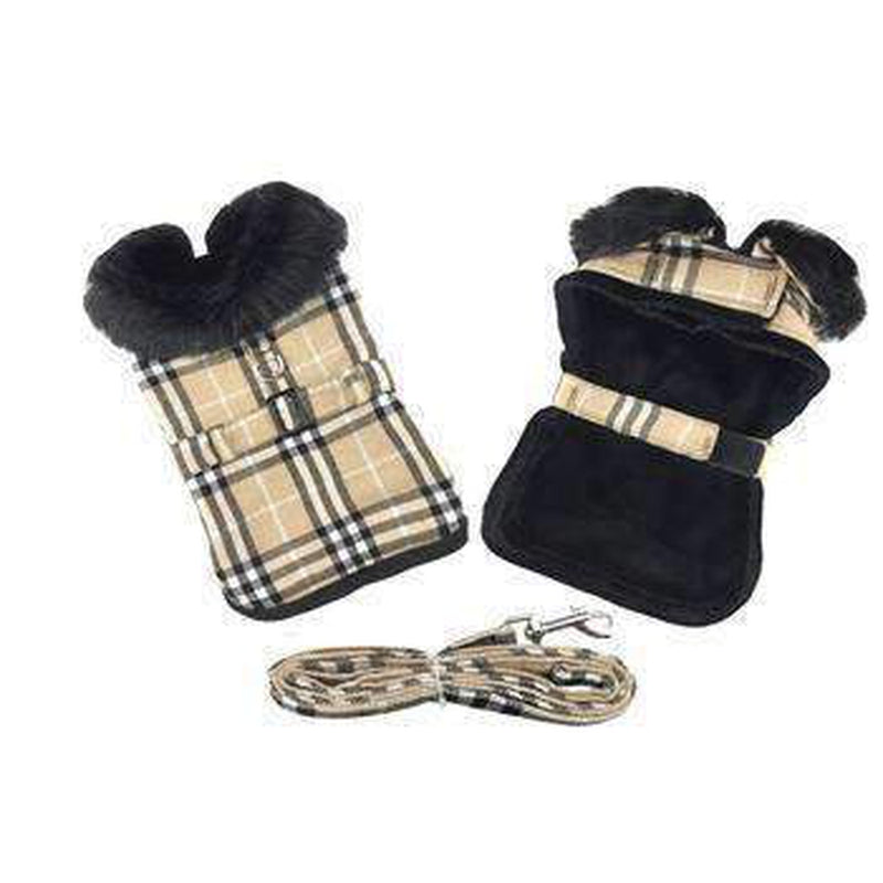 Plaid Fur-Trimmed Dog Harness Coat - Camel and Black, Pet Clothes, Furbabeez, [tag]