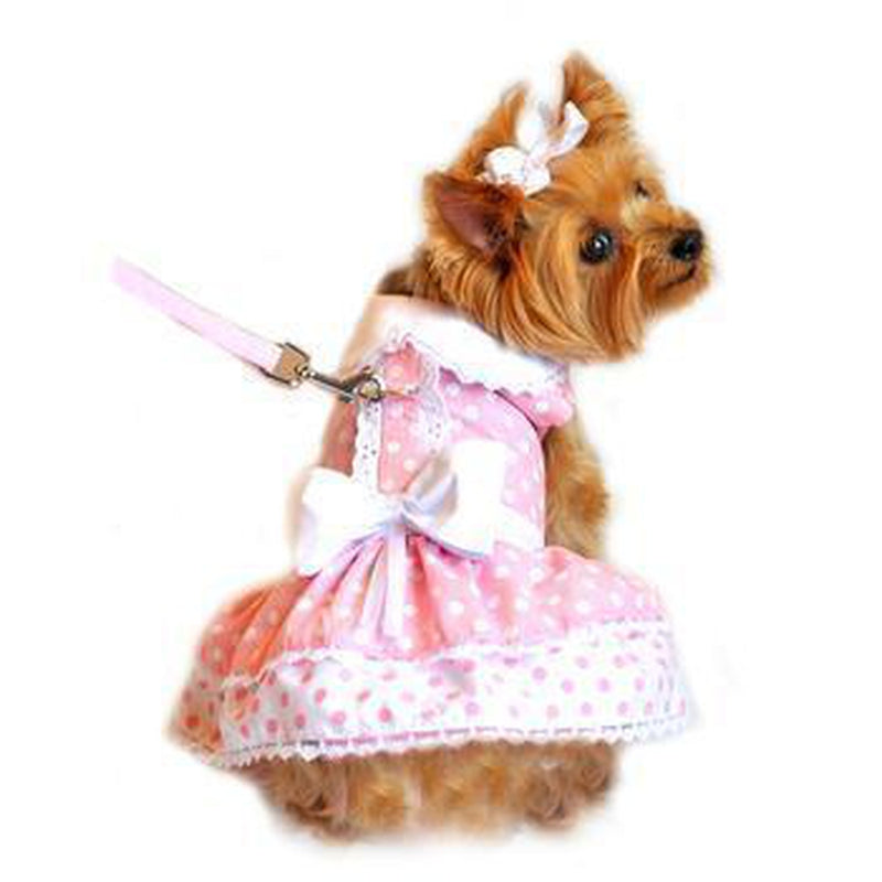 Pink Polka Dot and Lace Designer Dog Harness Dress, Pet Clothes, Furbabeez, [tag]
