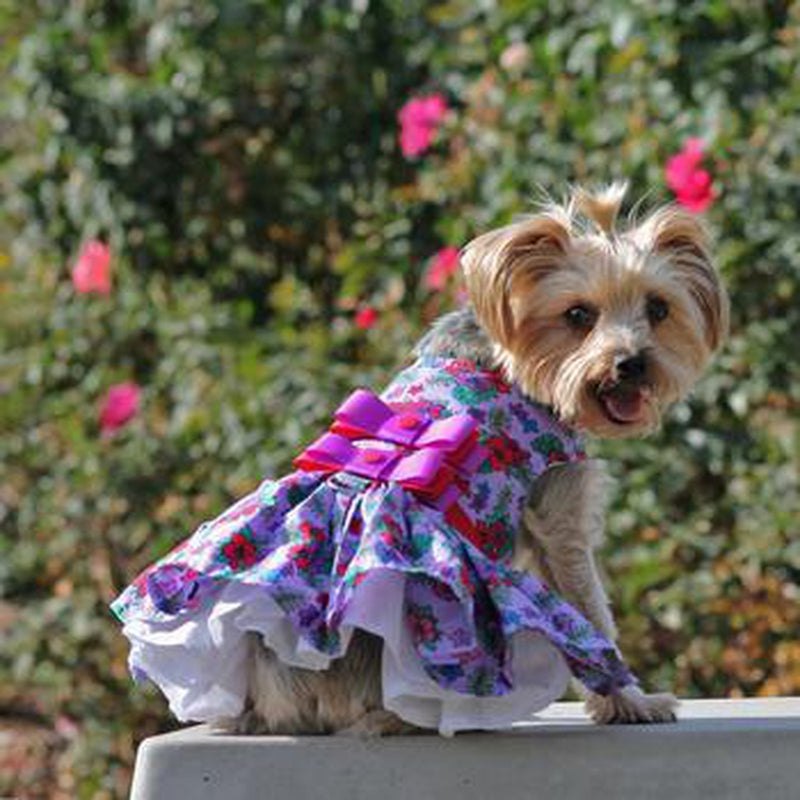 Purple and Red Floral Dog Harness Dress, Pet Clothes, Furbabeez, [tag]