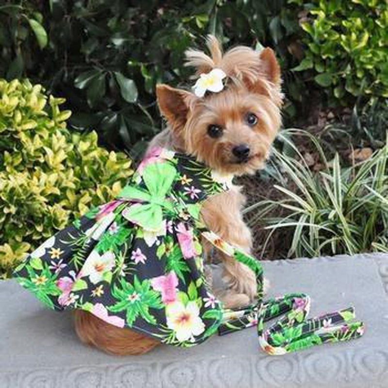 Twilight Black Hawaiian Hibiscus Dog Dress and Leash, Pet Clothes, Furbabeez, [tag]